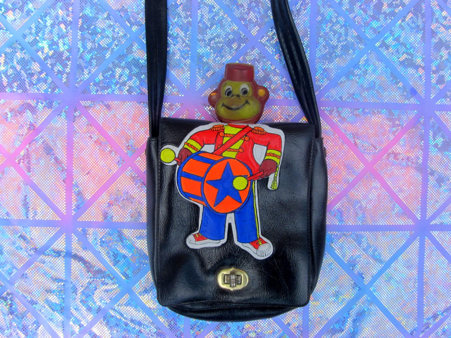 Monkey Rubber Drummer Leather Tiny Black Change Purse