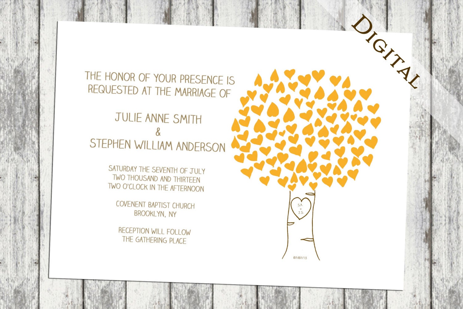 Wedding Invitation/RSVP: initials carved in tree,hearts, wedding invite, digital,personal,rustic, printable, A