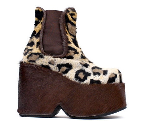 1980s-early 90s real Mink Fur Leopard Print Monster Platform ANKLE Boots / rare / womens size 6 / euro 36 / club kid grunge