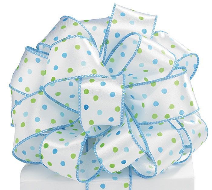 Cute 1-1/2"W x 5YDS Wired Edge White Satin Ribbon Blue Lime Green PolkaDots