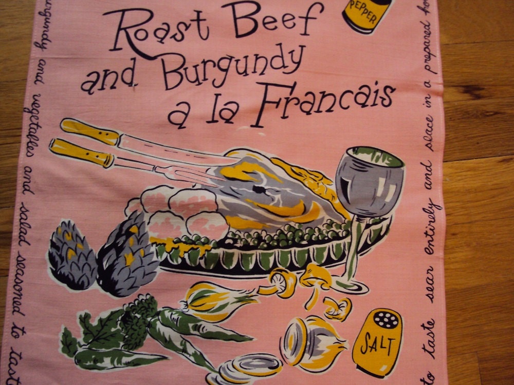 Vtg. Roast Beef & Burgundy a La Francais Vintage Tea Towel Unused