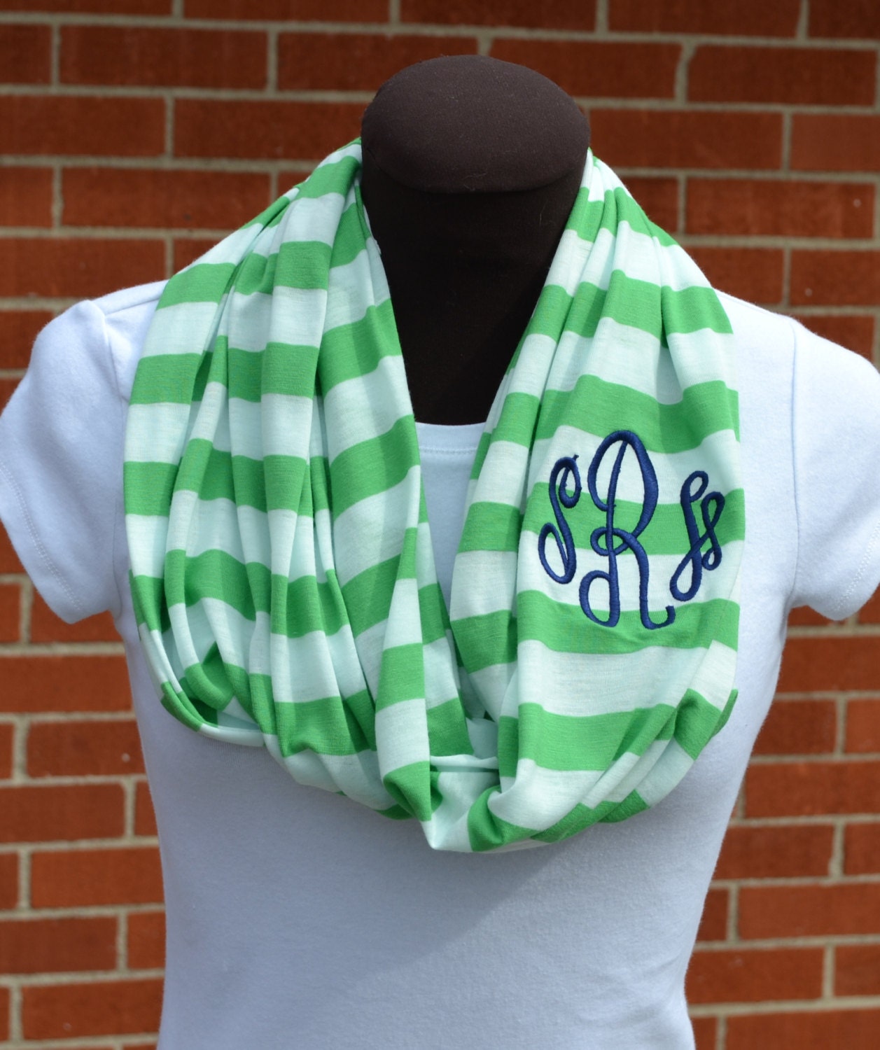 Monogrammed Infinity Scarf Lime Green and Mist Blue Stripe Knit Jersey