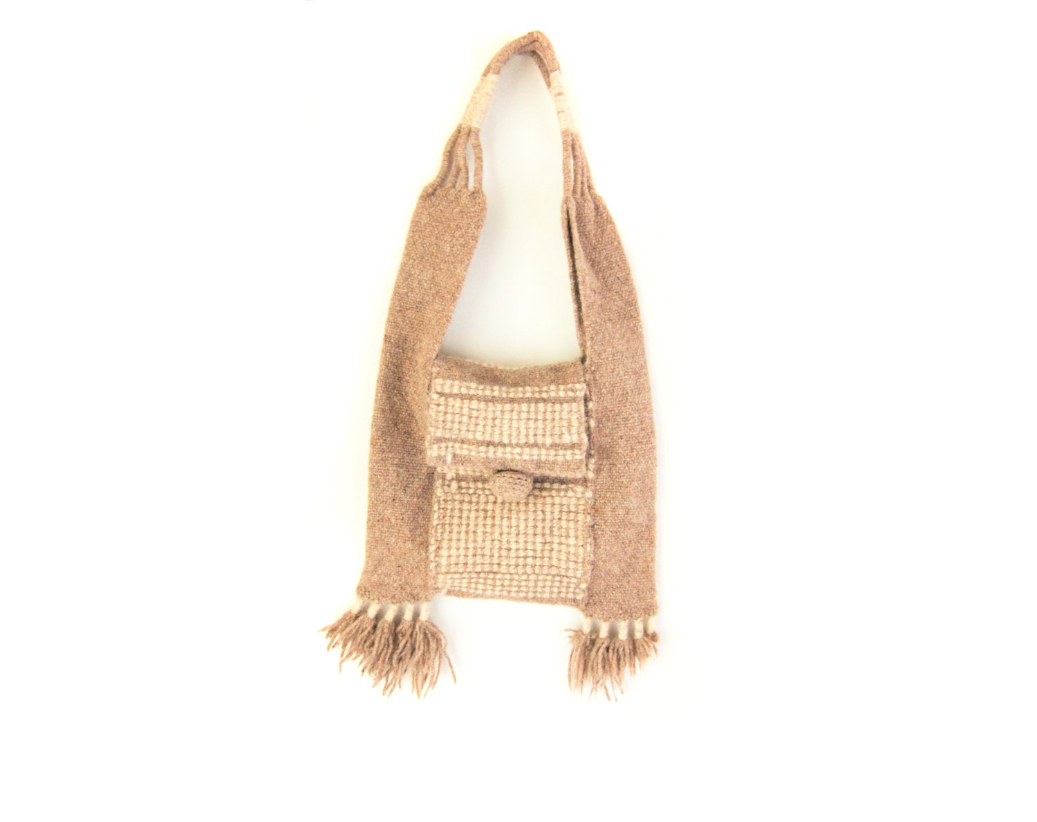 Vintage Cream and Tan Natural Wool Woven Shoulder Bag Purse