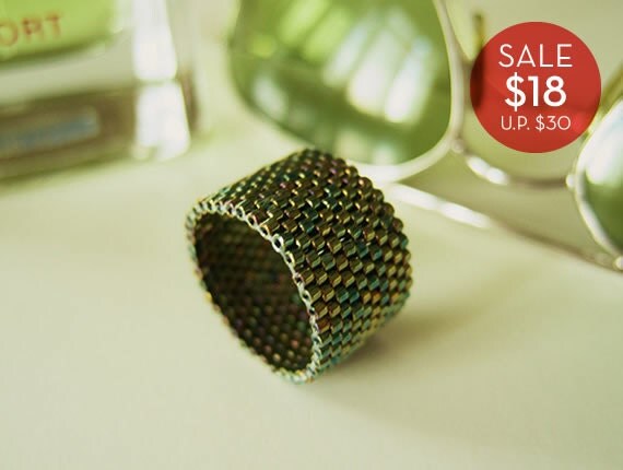 Metallic Green Ring, Green Bead Ring, Beaded Ring Band, Modern Style, Classic Ring Band, Handmade by JeannieRichard