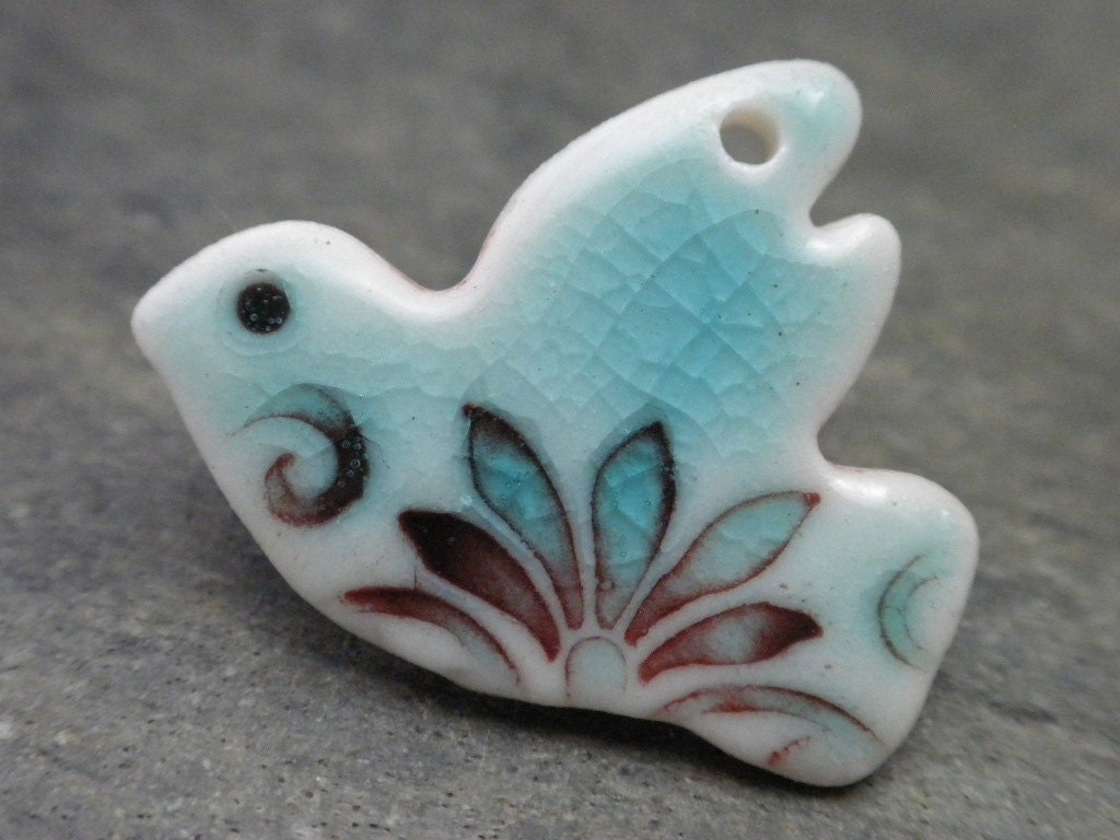 Bluebird- handmade porcelain aqua turquoise red ceramic bird pendant charm medium 3255/3250