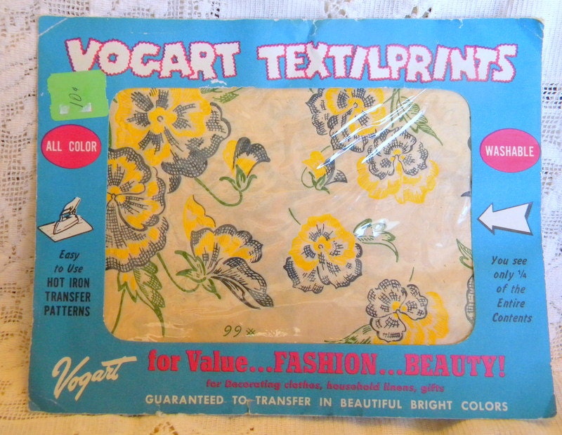 Vogart pansies embroidery transfers 1950s color Textilprints in package