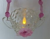 Lovely Hanging Votive, Pink Glass Beads And Flower
