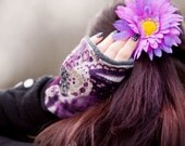 Fingerless Gloves, purple, white, black, plum, jersey/ knit, fleece lined, fingerless mittens