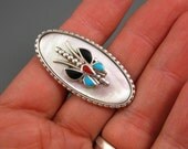 Vintage Zuni IVAN J. TSETHLIKAI Turquoise MOP Shell Coral Inlay Butterfly Ring Size 7 unsigned