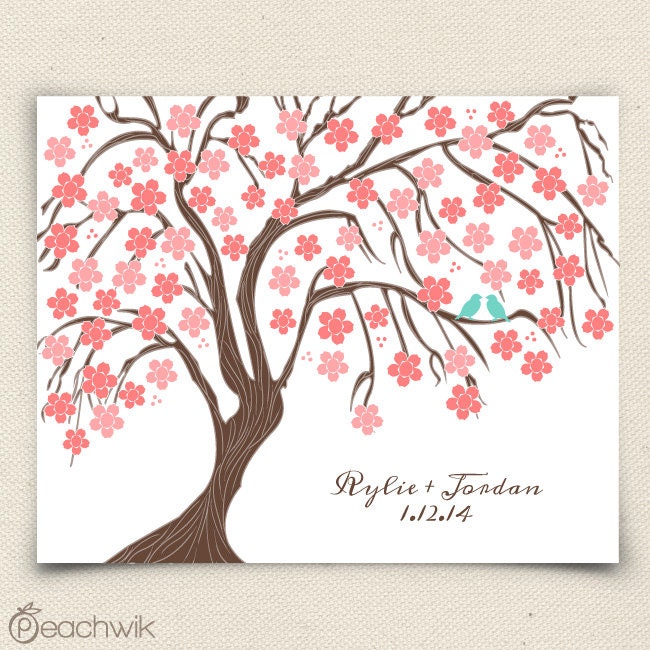 Guest Book Wedding Tree - Cherrywik Tree - Peachwik Interactive Print - 75 guest sign in registry - Sakura Cherry Blossom Guestbook