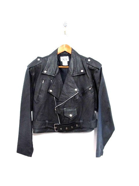 Vintage Cropped Black Leather Biker Jacket