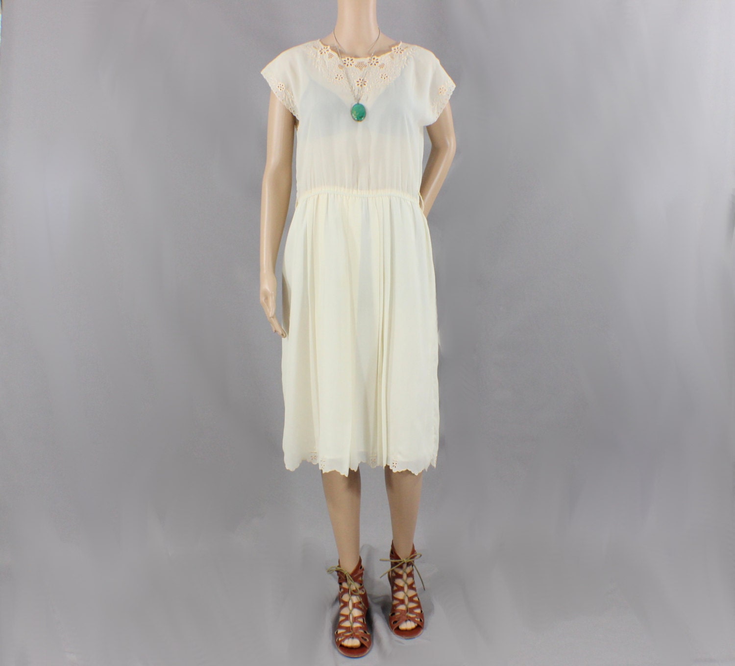 Vintage Dress Eyelet Flowy Cream Dress Sheer Midi Dress