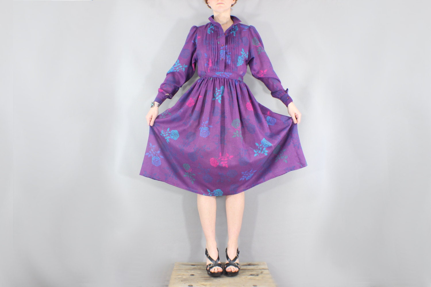 Vintage Dress Floral Dress Purple Boho Midi Dress Full Skirt