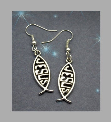 Silver Jesus Fish Earrings Christian Religious Handmade Jewelry Dangle Hook Earrings