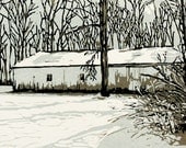 Winter Barn, original winter scene linocut