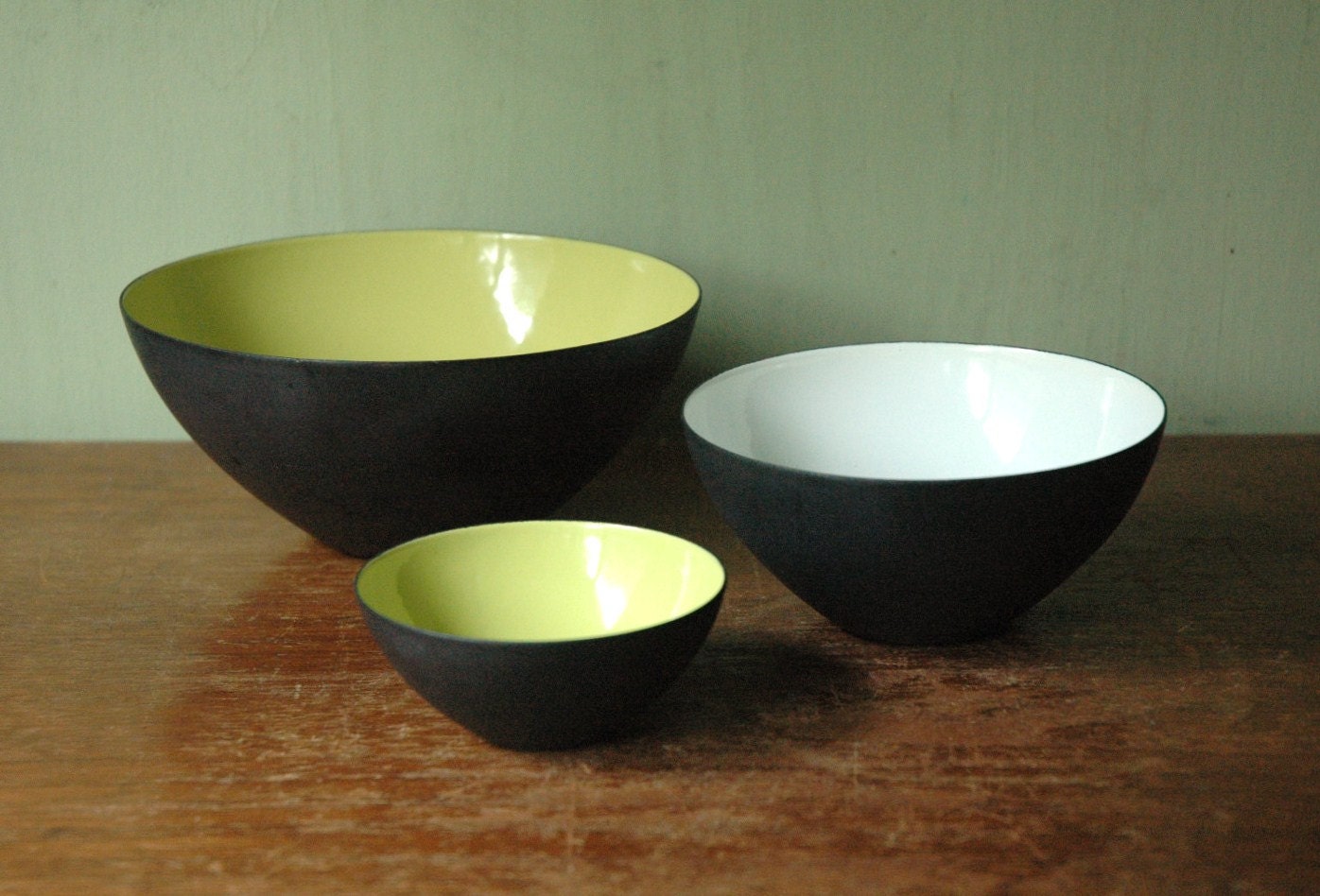 Krenit Enamel Bowl Set Designed by Herbert Krenchel - Chartreuse And White Danish Modern Enamelware