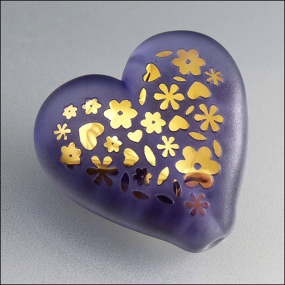Purple and Gold Heart Glass Bead Lampwork Pendant Large Floral Focal Handmade Jewelry Supplies - by Stephanie Gough sra fhfteam leteam - beadsbystephanie