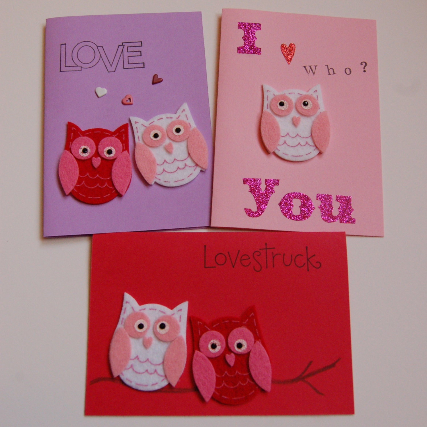 70% OFF Valentine, Love, Owls Handmade Cards- pink, red, purple, hearts, owl love, Who Loves You Valentine's Day Cards Set of 3