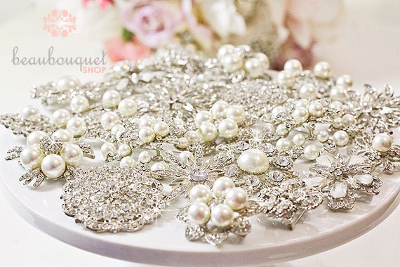 Brooches For DIY Bridal Bouquet Rhinestone & Pearl Brooches