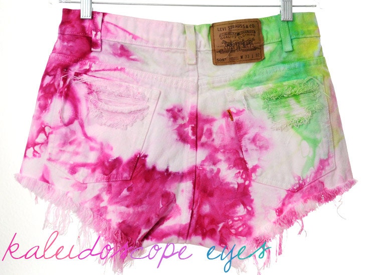 Vintage Levis Lime & Pink MARBLED Dyed DESTROYED High Waist Denim Cut Off Shorts L