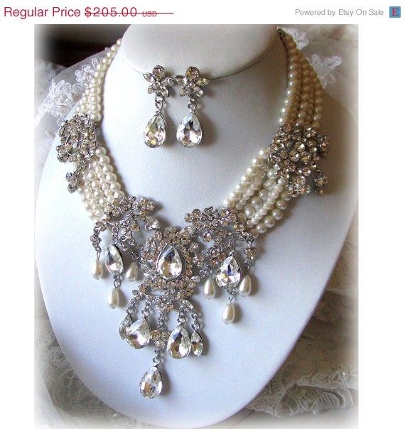 Bridal statement necklace earrings, vintage inspired Victorian pearl Swarovski crystal bib, wedding jewelry set