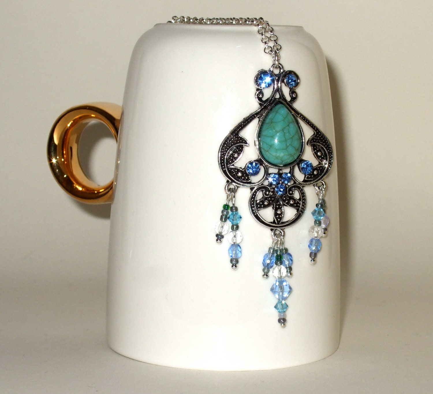 Chandelier Necklace Blue Turquoise Beaded Diamante Ornate Boho Pendant