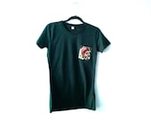 WOMEN'S T-SHIRT, organic cotton. Dark ocean green, with pure silk pocket, floral print