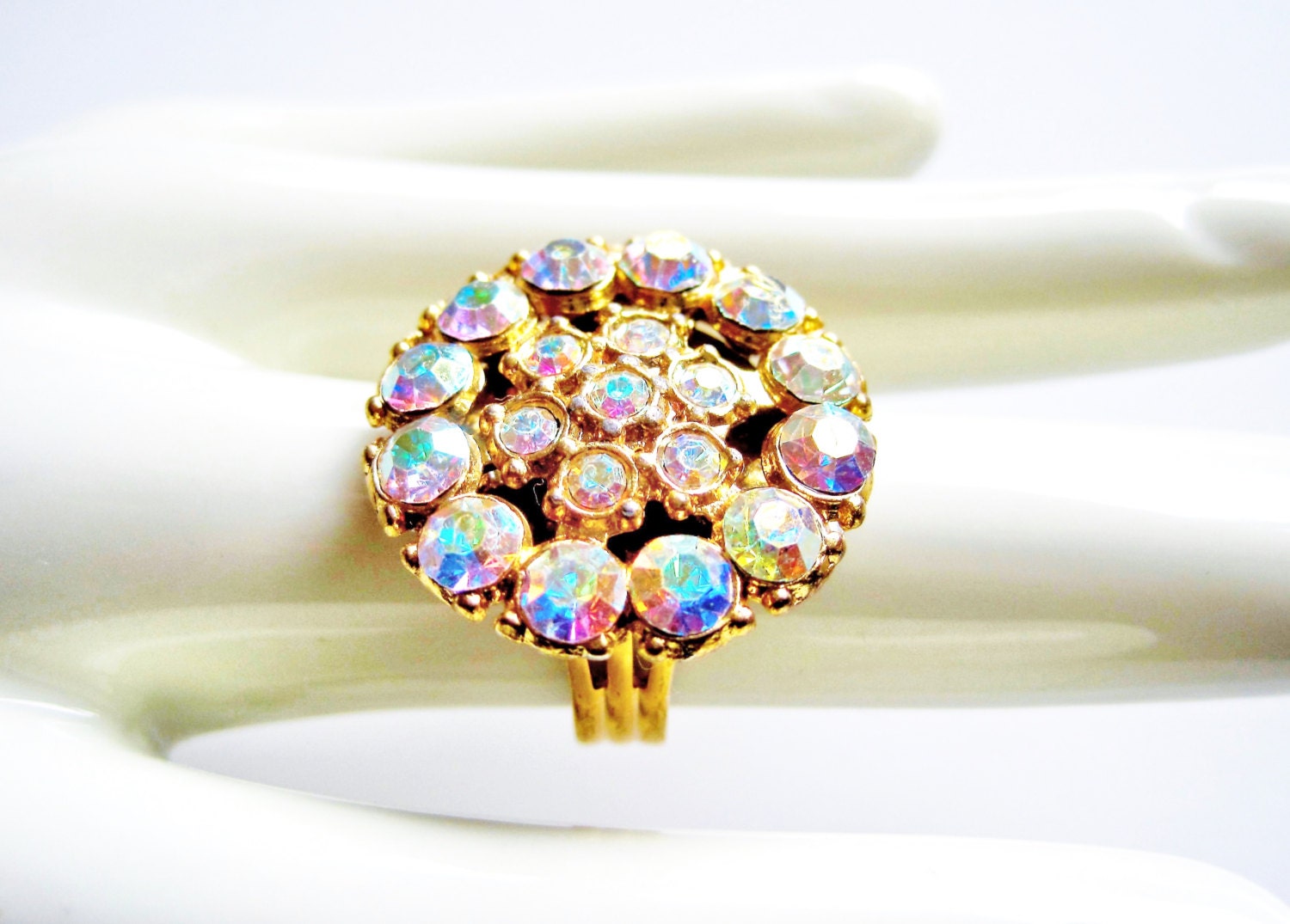 Crystal Button Ring, Vintage AB Crystal and Gold