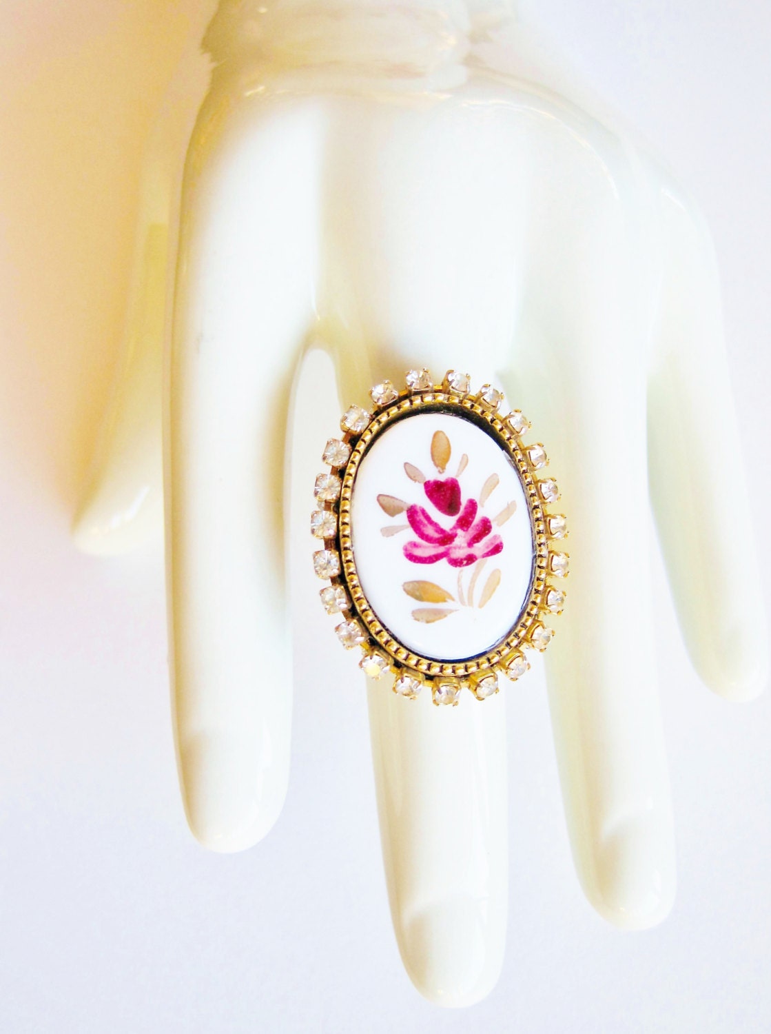Rose Ring, Vintage Limoge, Rhinestones and Gold
