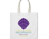 Beach Gift or Wedding Welcome Tote Bag - Personalized Classic Paradise Purple Seashell Tote Bag in Paradise Purple/Sunshine Yellow/Tide Teal