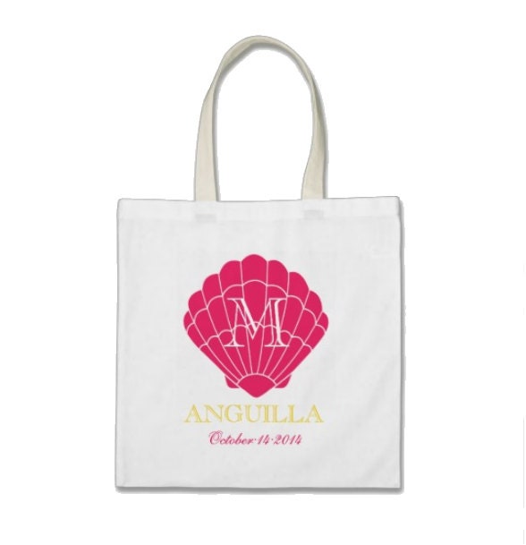 Bridesmaid Beach Gift or Wedding Welcome Tote Bag - Monogram Seashell Tote Bag in Hot Pink/Sunshine Yellow