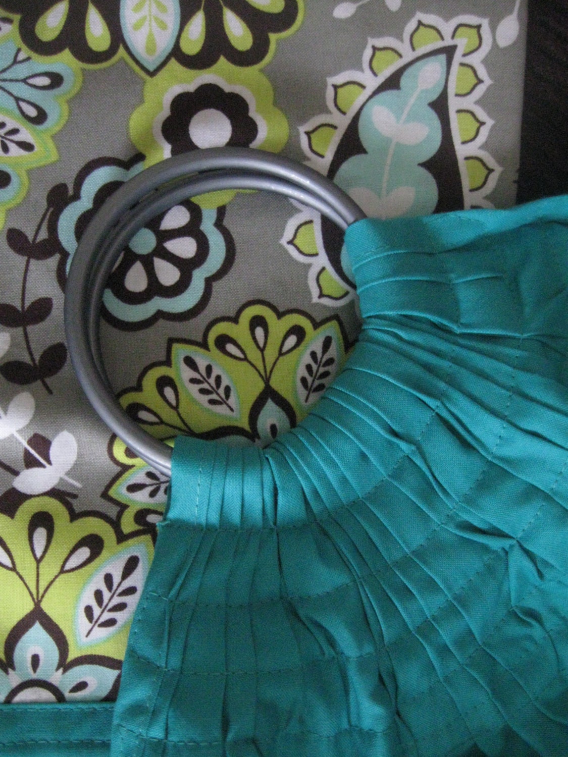 Baby ring slinginfant to  toddler carrier wrap adjustable ready to ship turquoise with gray flowers trim has 1 pocket