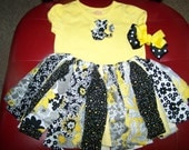 Yellow black shabby chic fabric tutu shirt and hair bow Baby girl fabric tutu infant fabric tutu toddler fabric tutu