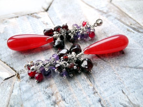 Dangle Silver Earrings - Amethyst Jasper Garnet Agate - Long Grape Studs - Red Purple Magenta - Fantasy Gemstones - Silver Stud Earrings
