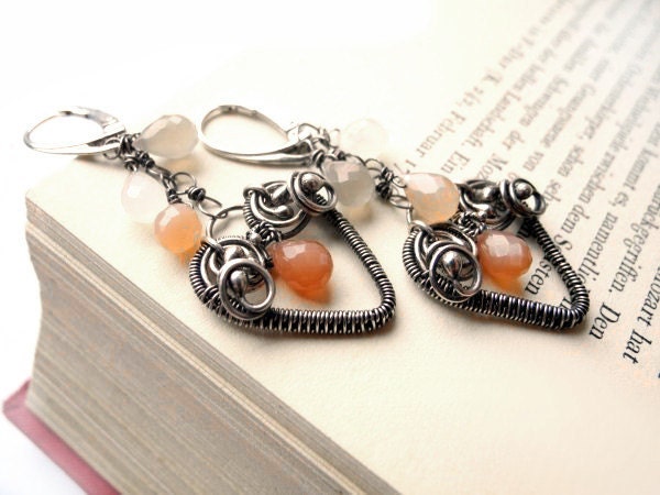 Peach Moonstone Earrings - Silver Wire Wrapped Dangle Earrings - Salmon Pink - Heart Romantic Pink Champagne - Arrow Wedding Earrings