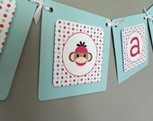 Baby Shower Banner: Blue, Red & Brown Sock Monkey - It's a Boy Baby Shower Decoration Birthday Party Celebration