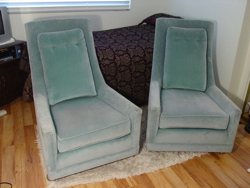 Mid Century  Hollywood Regency Light Aqua Blue High Back Chairs - Pair