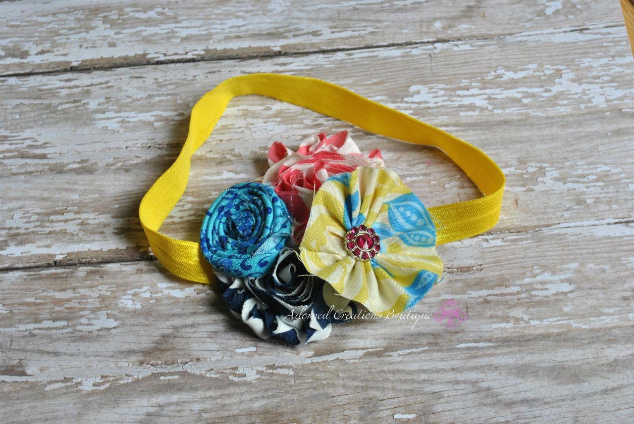 Fabric Flower Headband- Yellow, Navy blue, Coral and Turquoise/Chevron Flowers