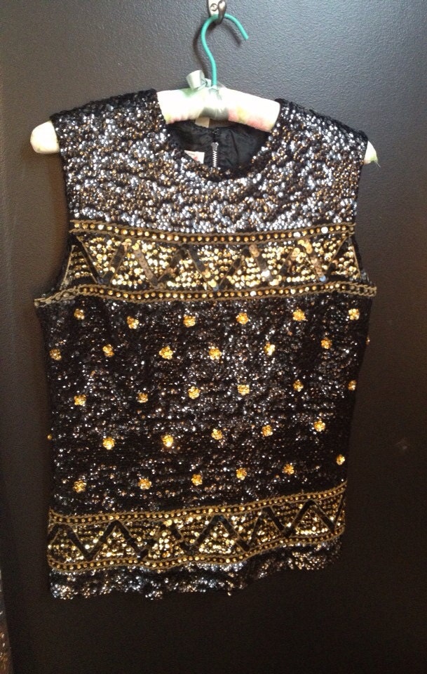 1950s 60s Sequined Black and Gold Zip Up Trophy Cocktail Shell Top M/L