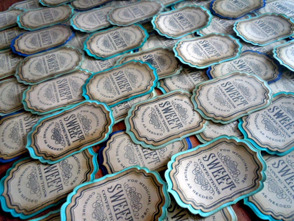 CUSTOM handcrafted party favor CANDY buffet labels or tags in vintage style by Lisa Rice your choice of colors