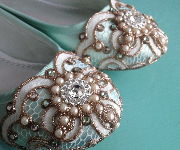Mint Green Celtic Looping Lace Ballet Flat Wedding Shoes - Any Size - Pick your own shoe color and crystal color