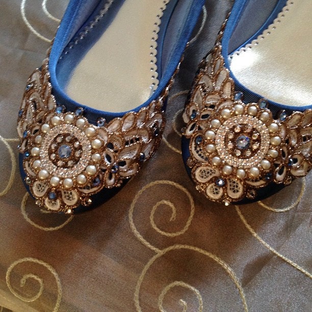 Wreath of Gold Bridal Ballet Flats French Blue Wedding Shoes - Any Size - Pick your own shoe color and crystal color