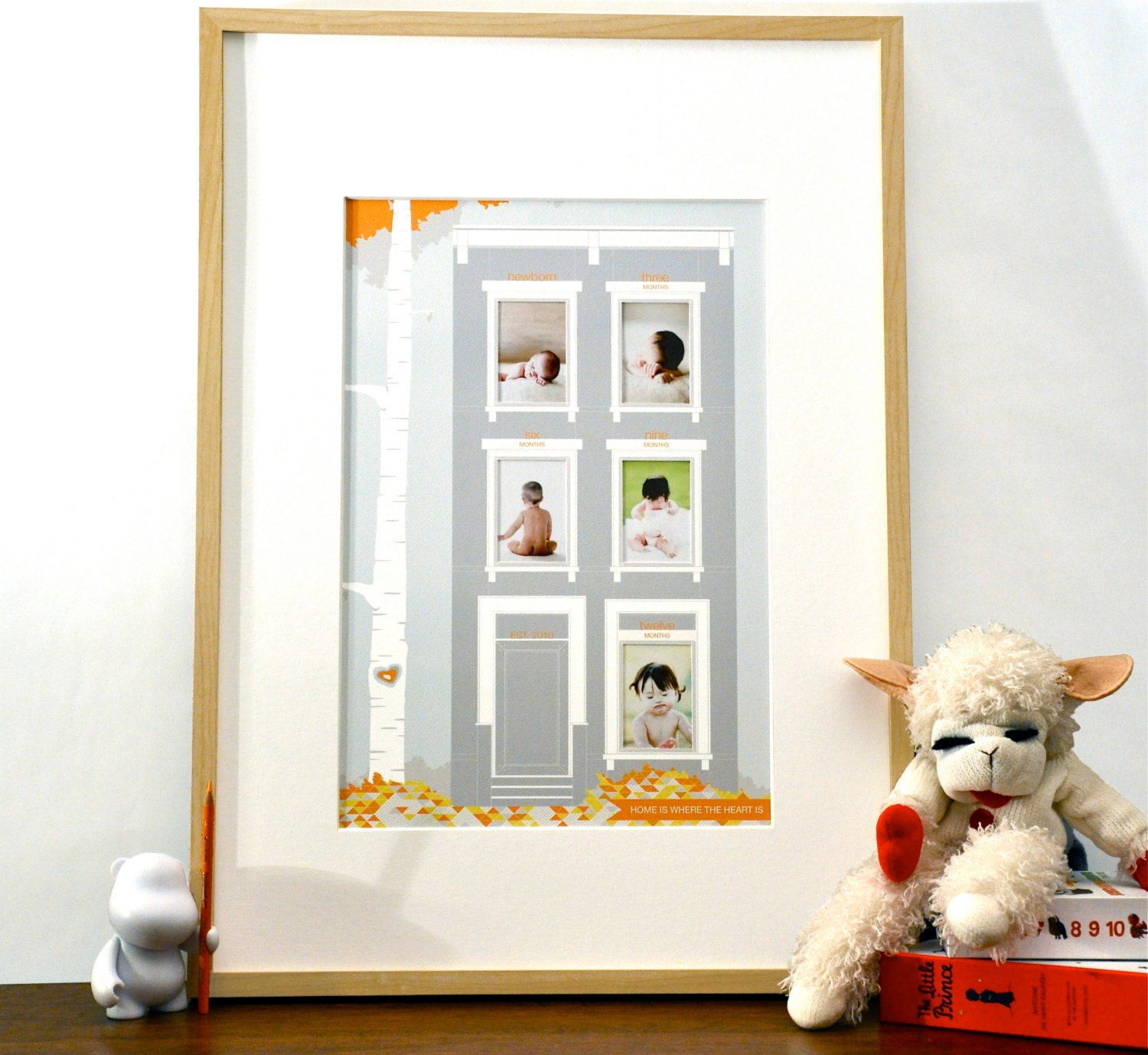 Little Brownstone Home is Where the Heart Is - Baby's First Year modern nursery art print & photo mat - 13x19 orange gray children decor
