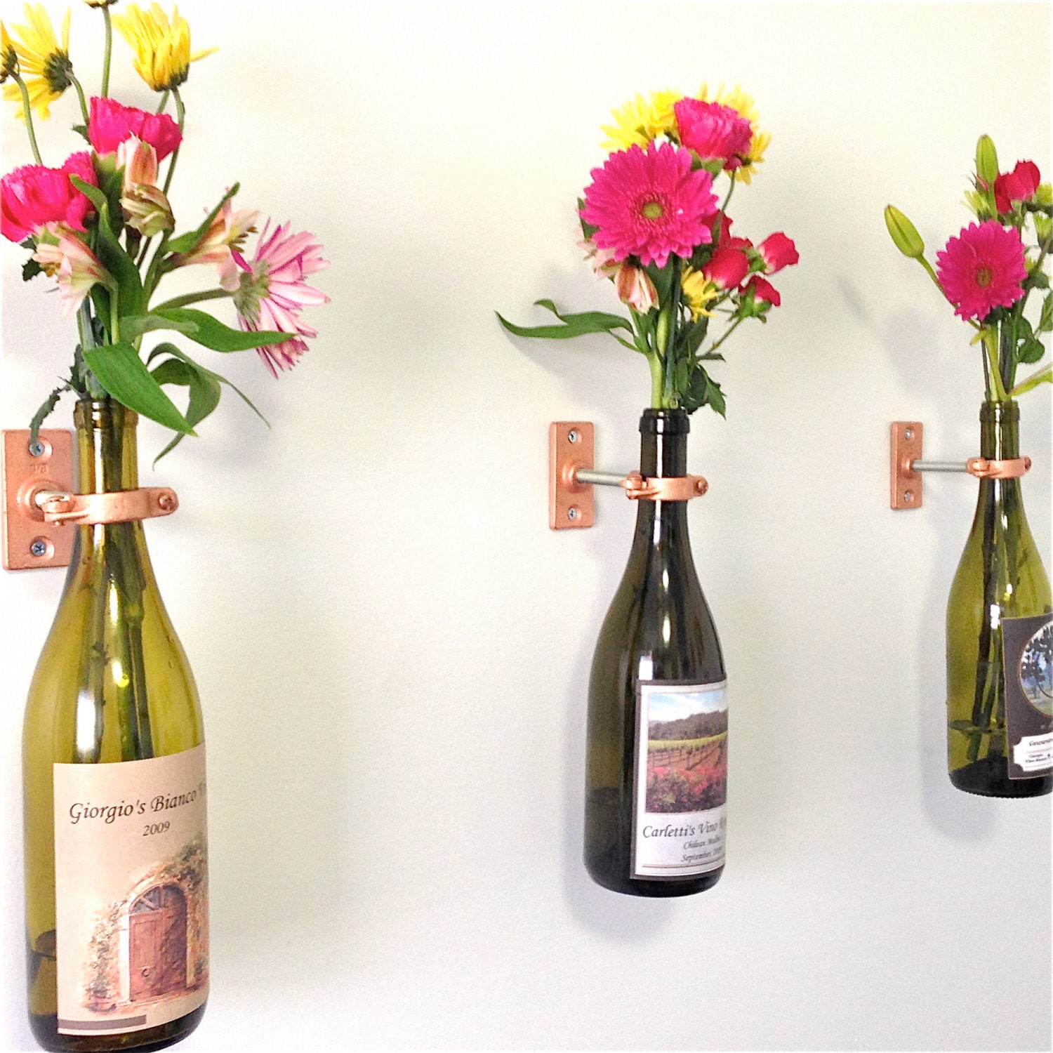 HARDWARE ONLY - 6 Wine Bottle Wall Flower Vase Kits - copper, silver or iron hardware - DIY - hostess gift