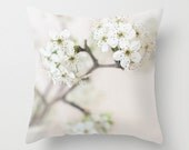 Decorative Pillow Cover, Photo Pillow Case, Accent Pillow Case, White Flowers, White Cream Pillow, Pear Blossoms,  16x16, 18x18