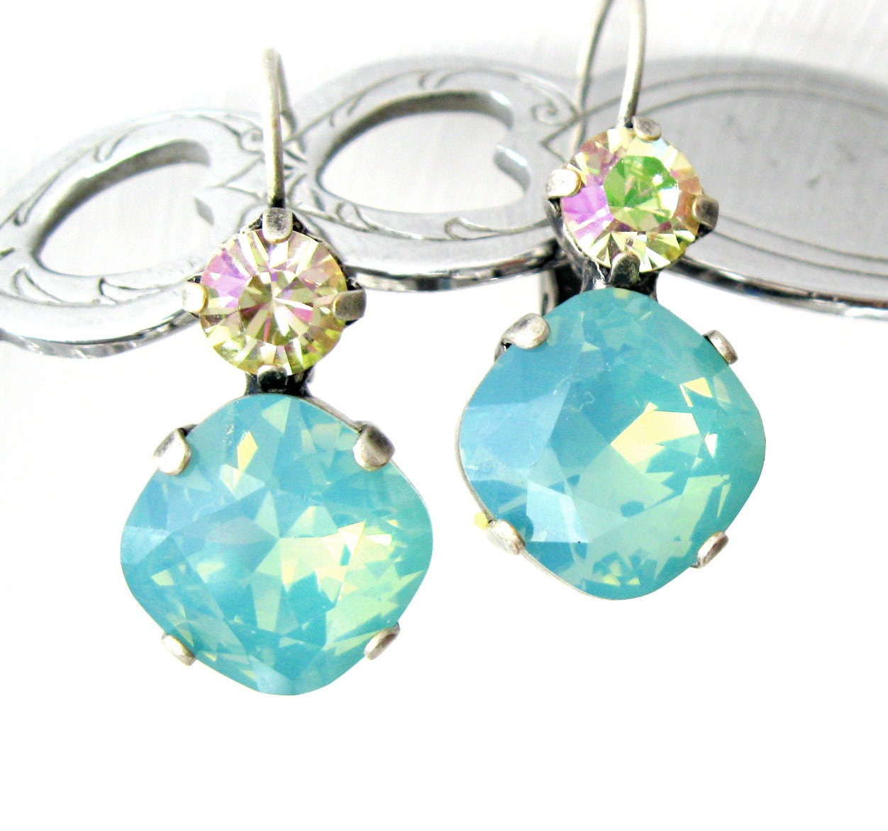 Pacific opal crystal earrings Leverback dangle Swarovski pacific opal and blue aqua green crystals.  Antiqued Silver. Bridal Prom Wedding