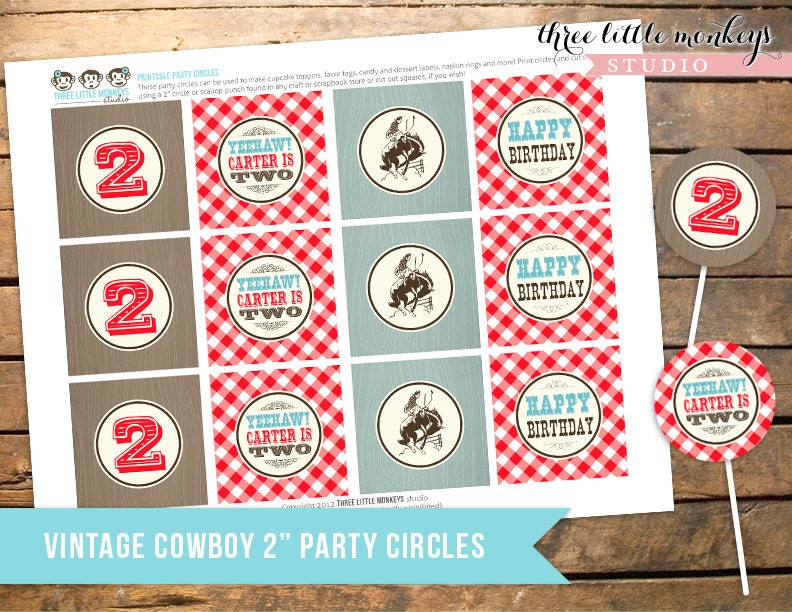Personalized Vintage Cowboy Party Circles - Cupcake Toppers, Gift Tags, Favor Tags and More Il_170x135