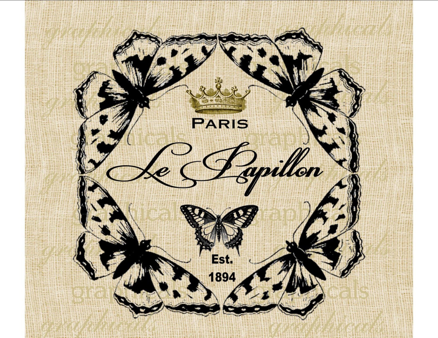 Vintage Paris French Le Papillon butterfly Digital download image for fabric transfer burlap papercraft tote bags pillows tags  No. 305