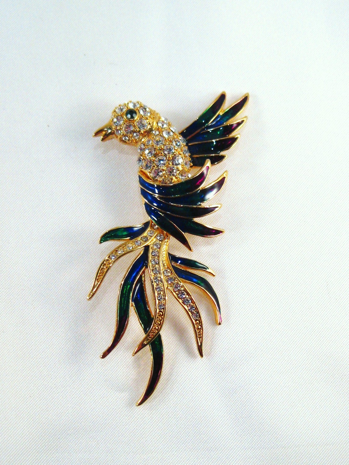 Vintage Brooch Bird of Paradise Pave Rhinestones Enameled Gold Tone
