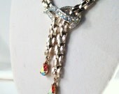 Vintage Coro Rhinestone Pendant Neckace Gold Tone Aurora Borealis Rhinestones